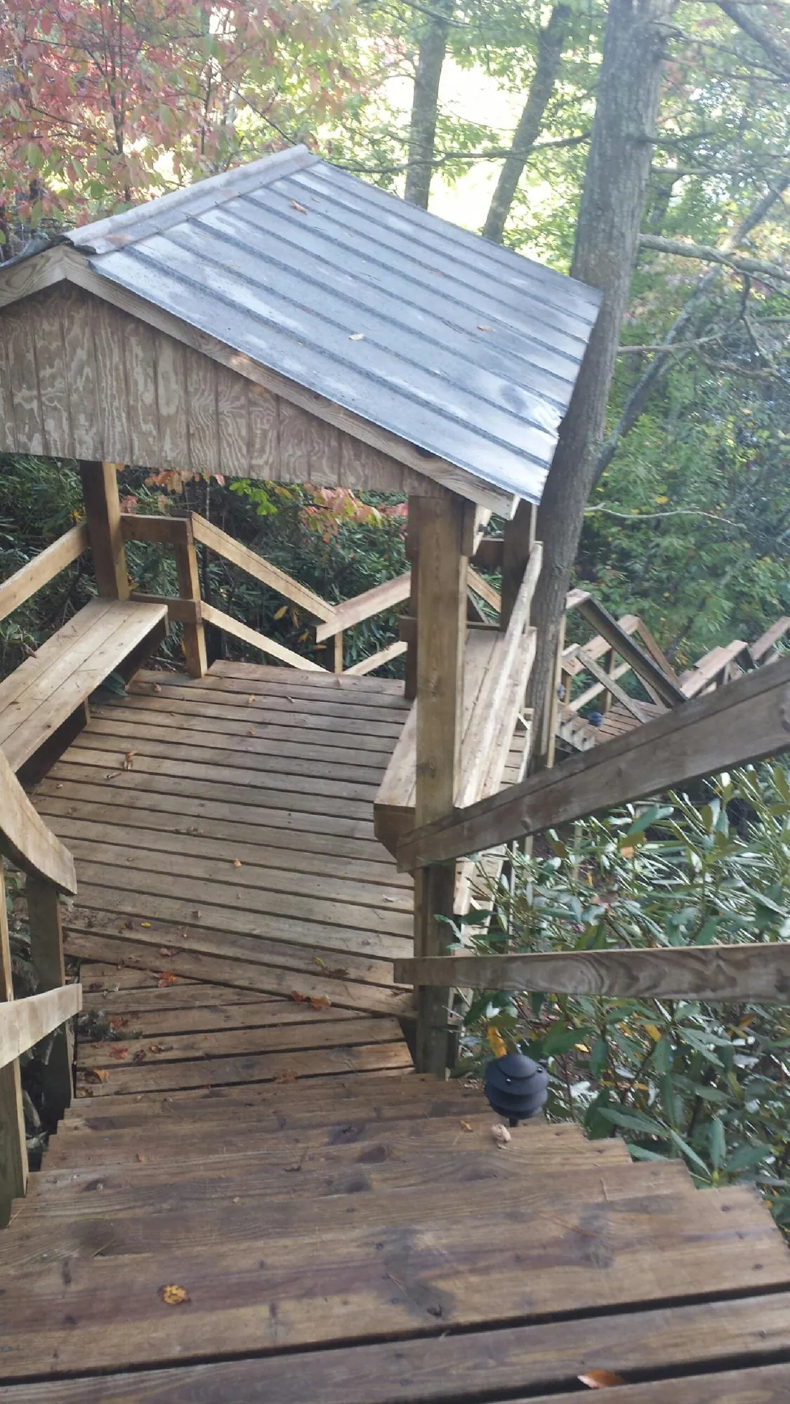 Metal roofed shelter over wooden steps on a wooded walkway — Skylight Repair & Installation work by our crew in Gallatin